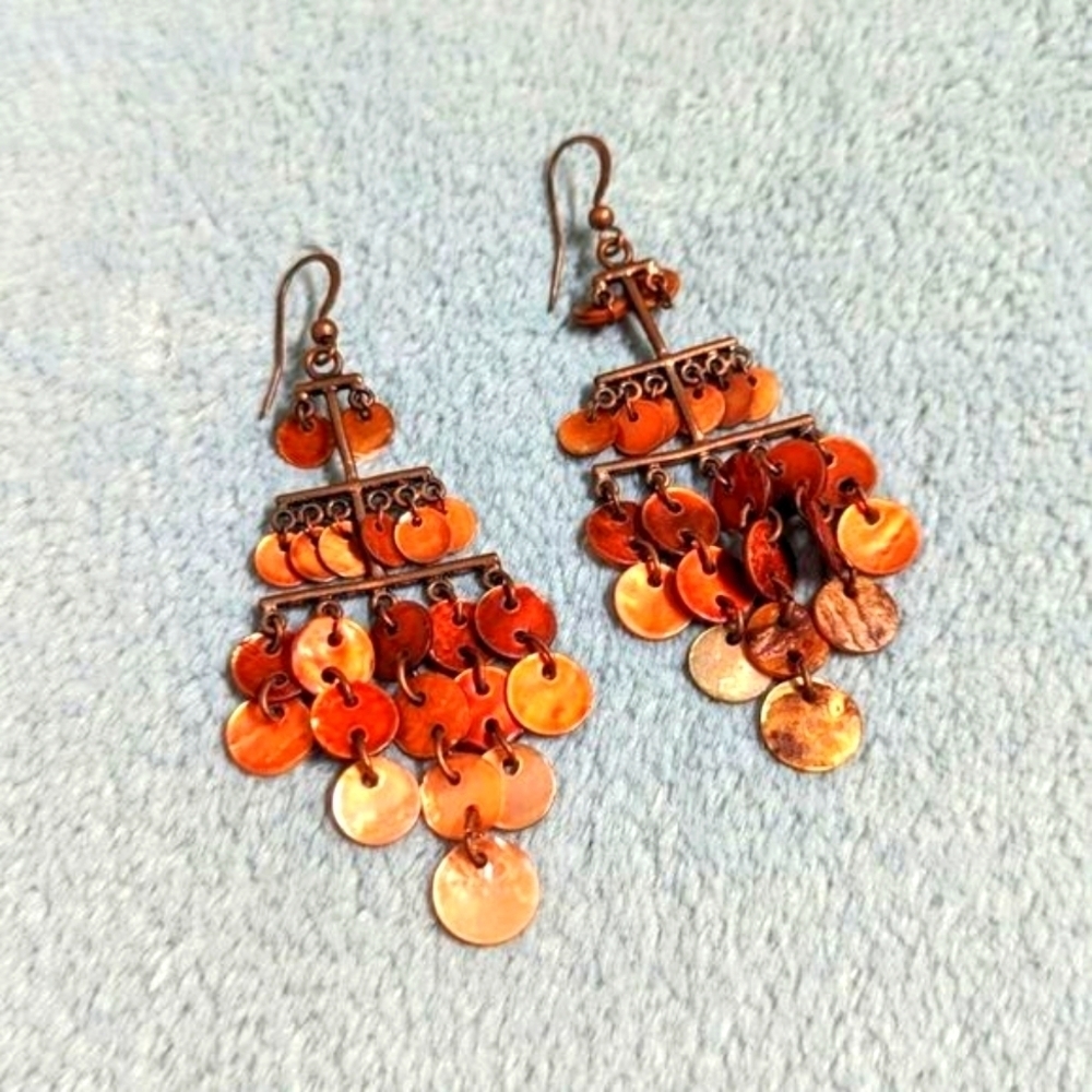Vintage Coppery Orange Mother of Pearl Dangle Drop Pierced Earrings - Picture 2 of 8